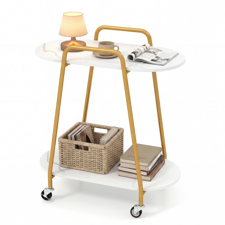 2-tier rolling end table with faux marble surfaces and gold metal frame, ideal for small spaces in living rooms or bedrooms.