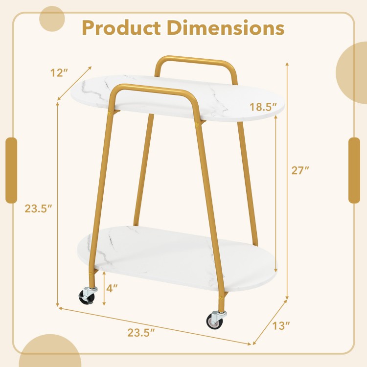 2-tier rolling end table with faux marble surfaces, featuring a sturdy metal build and wheels for easy mobility in small spaces.