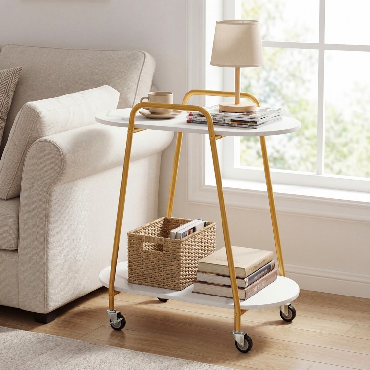 2-tier rolling end table with faux marble surfaces, featuring a minimalist design and universal wheels for easy mobility.