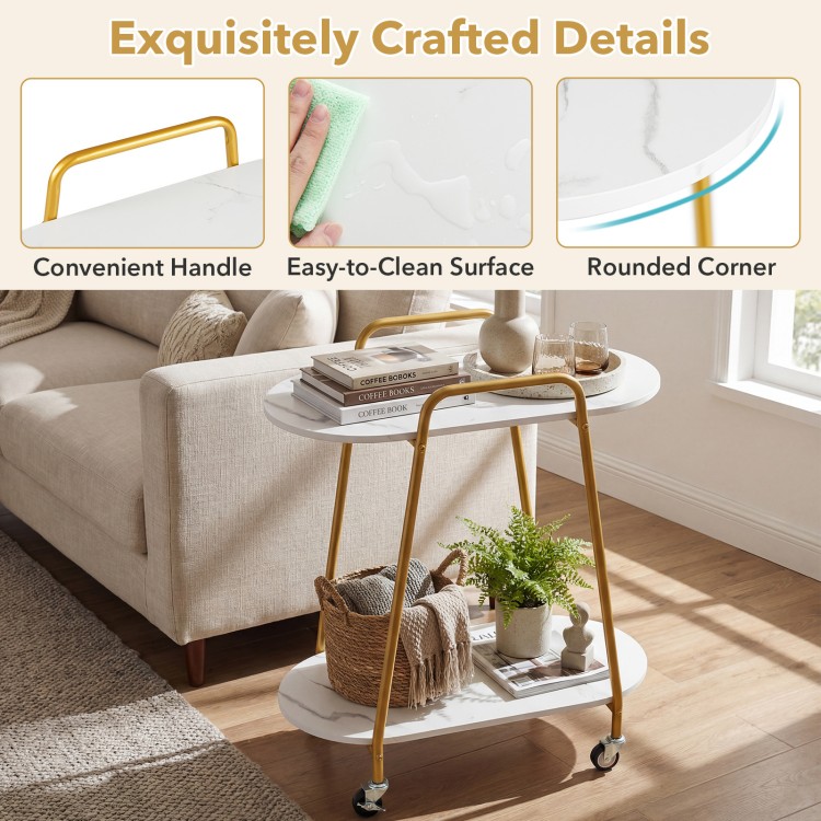 2-tier rolling end table with faux marble surfaces, convenient handle, and rounded corners for easy mobility in small spaces.