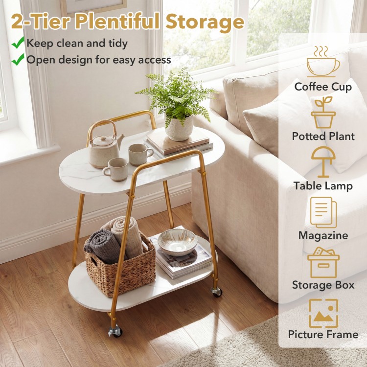 2-tier rolling end table with faux marble surfaces, featuring a minimalist design and easy access for small spaces.