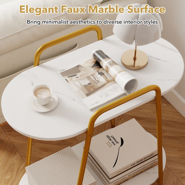 2-tier rolling end table with a white faux marble surface and gold metal frame, ideal for small spaces and easy mobility.
