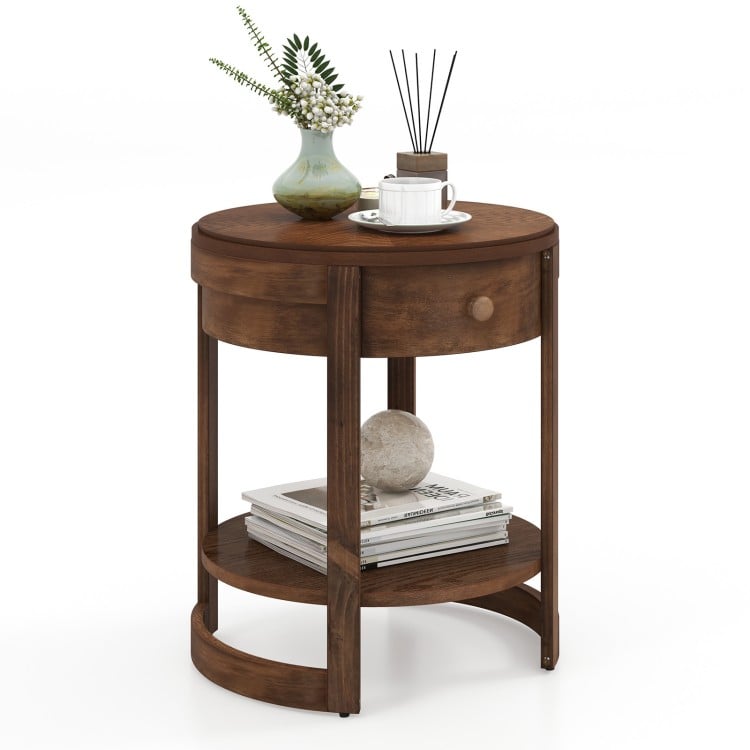 Round 2-tier end table with drawer and shelf, featuring a rustic wood grain finish for stylish decor display.
