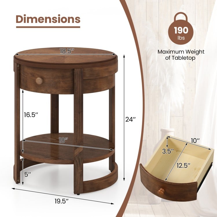 2-tier round end table with drawer and shelf, featuring a rustic wood grain finish and sturdy rubber wood legs.