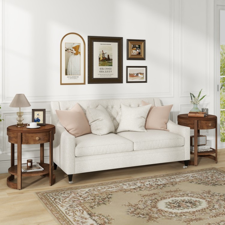 Round end table with drawer and shelf, featuring a sleek wood grain finish and sturdy rubber wood legs for rustic.