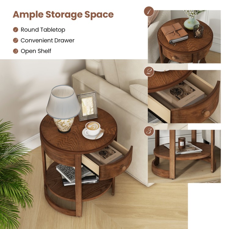 Round end table featuring a drawer and lower shelf, showcasing a sleek wood grain finish for rustic appeal.