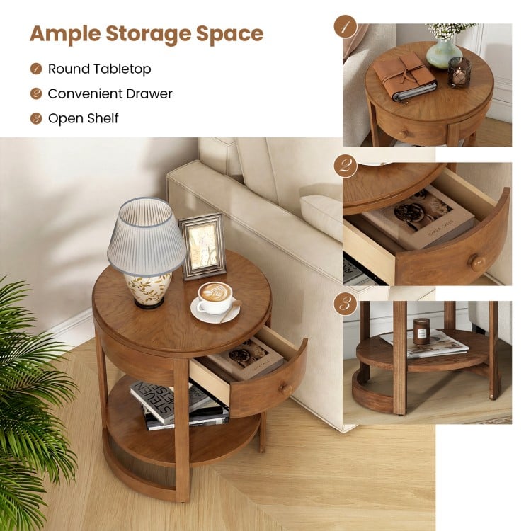 Round end table with oak finish, featuring a drawer and lower shelf for storage, ideal for modern living spaces.