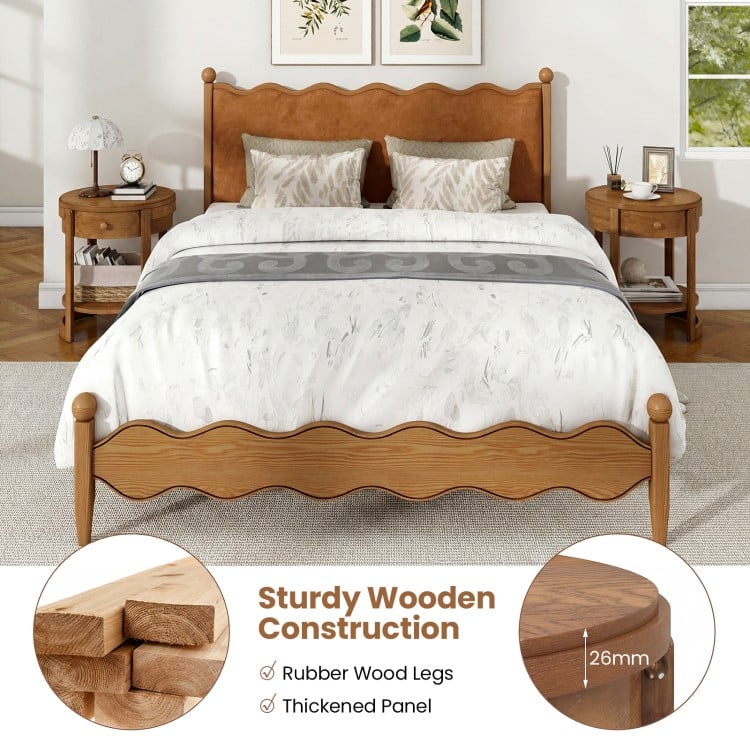 Round end table with oak wood finish, featuring a lower shelf and sturdy rubber wood legs for lasting use.