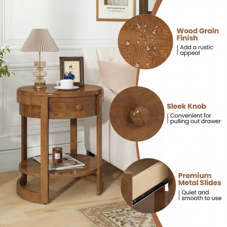 Round 2-tier end table with oak wood grain finish, sleek knob, and quiet metal slides for stylish nightstand use.
