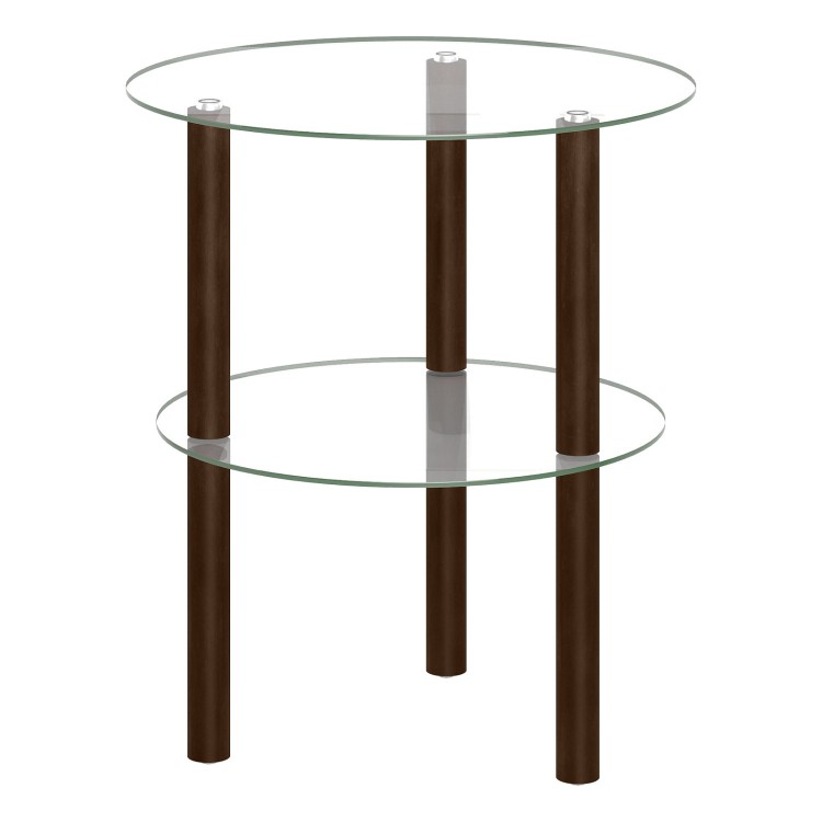 Round end table featuring a clear tempered glass top and shelf with solid rubber wood legs for stylish storage.