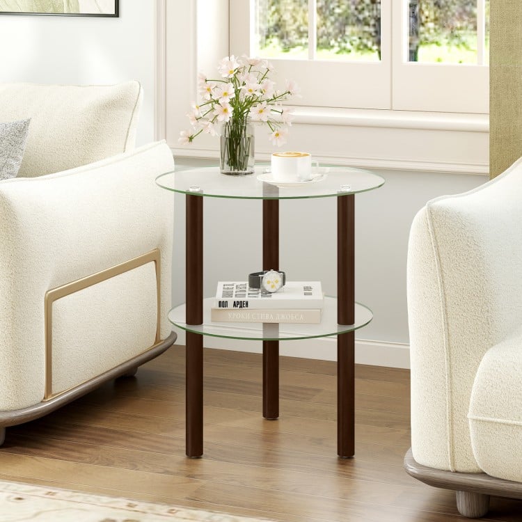Round end table featuring a clear tempered glass top and brown rubber wood legs, ideal for living room decor and storage.