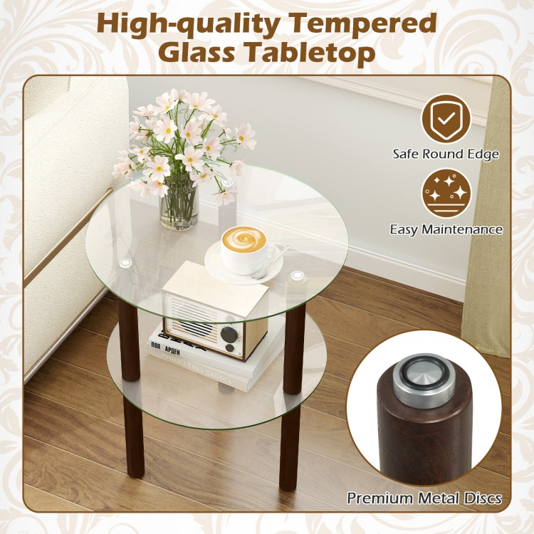 2-tier round end table with clear tempered glass top, brown rubber wood legs, and safe round edges for easy maintenance.