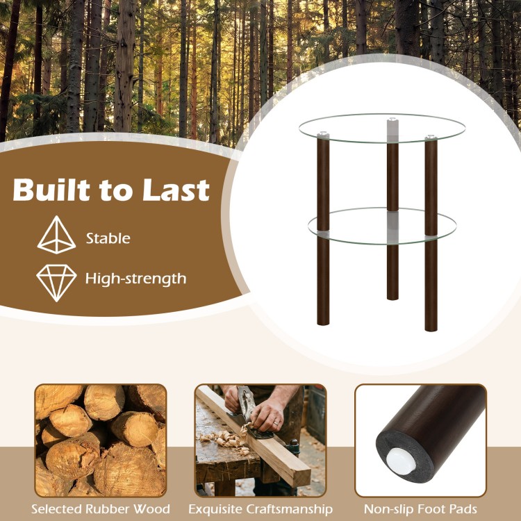 2-tier round end table with clear tempered glass top, solid rubber wood legs, and non-slip foot pads for stable placement.