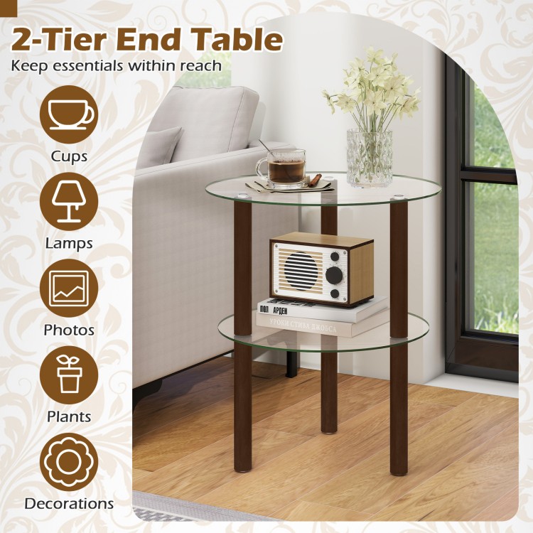 2-tier round end table with clear tempered glass top and solid rubber wood legs, perfect for holding cups and decorations.