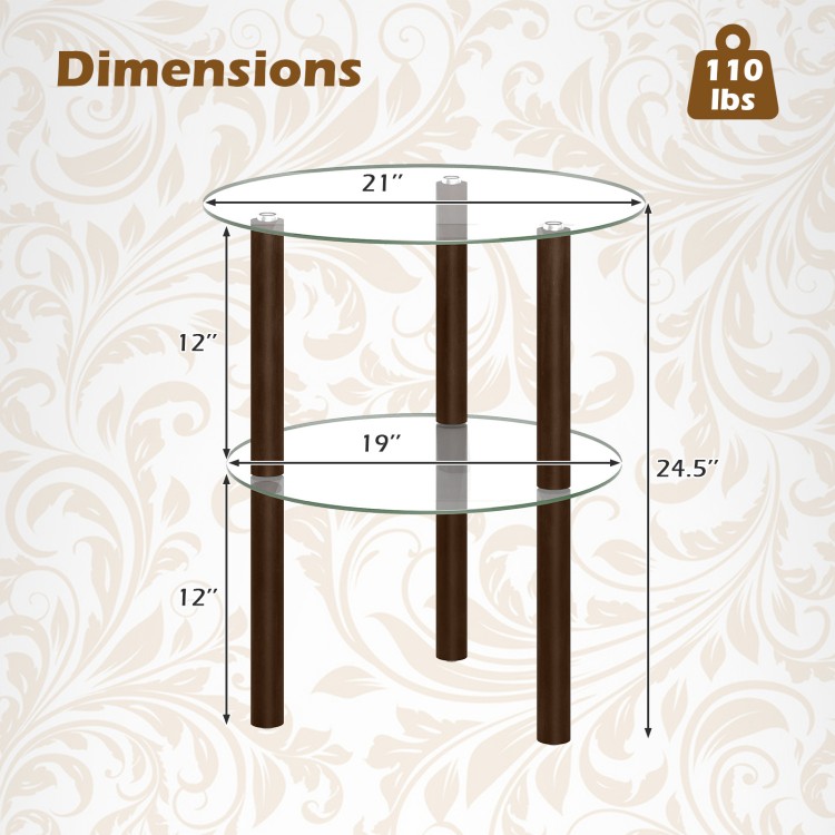 2-tier round end table featuring a clear tempered glass top and brown rubber wood legs, ideal for lamps and decorations.