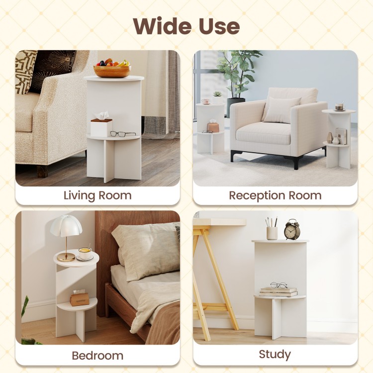 2-tier round side table in white with storage shelf, ideal for small spaces in living rooms, bedrooms, and studies.