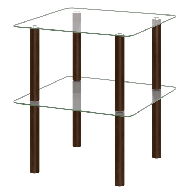 Square end table featuring a clear tempered glass top and brown rubber wood legs, perfect for lamps and decorations.