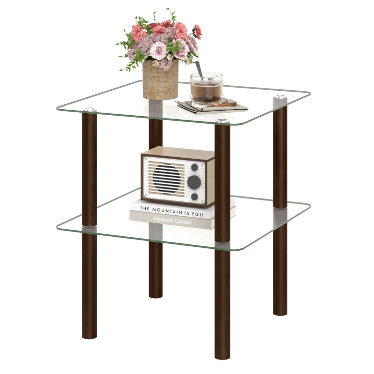 2-tier square end table featuring a clear tempered glass top and brown rubber wood legs, perfect for stylish storage.