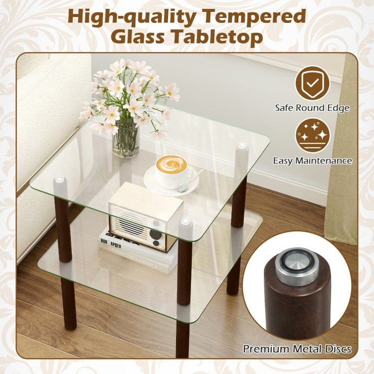 2-tier square end table featuring a clear tempered glass top and solid rubber wood legs for stylish and stable storage.