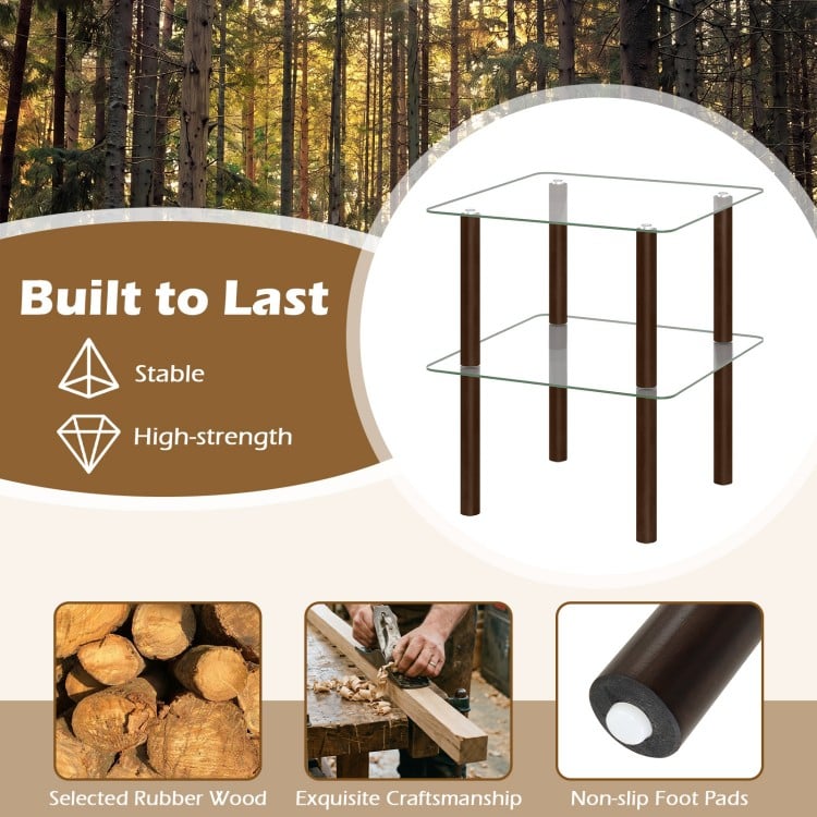2-tier square end table featuring a clear tempered glass top and solid rubber wood legs, perfect for stylish storage.