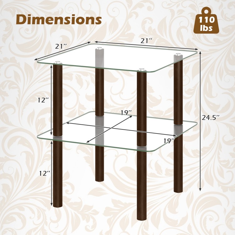 2-tier square end table with clear tempered glass top and brown rubber wood legs, ideal for storing essentials.