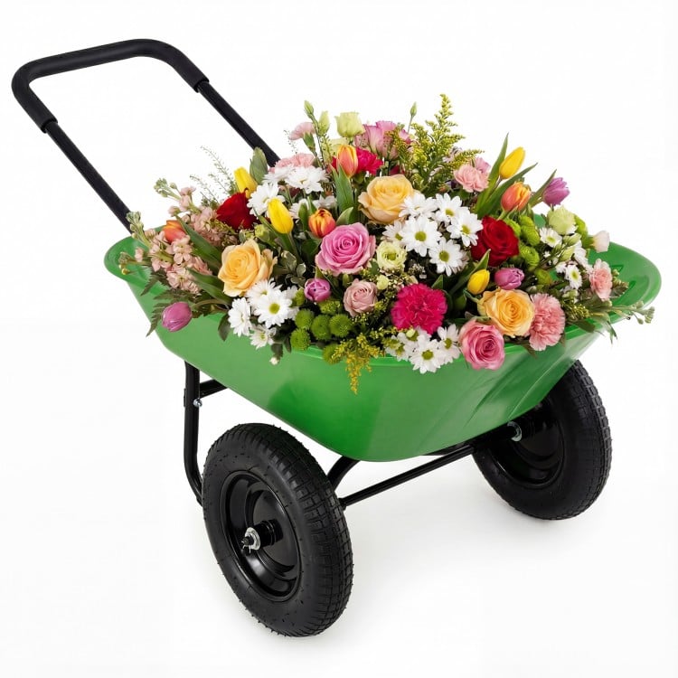 Heavy-duty light green wheelbarrow filled with colorful flowers, featuring a steel frame and 13-inch pneumatic tires.