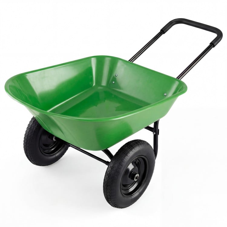 Light green heavy-duty utility cart with a stable steel frame and 13-inch pneumatic tires, ideal for gardening and.
