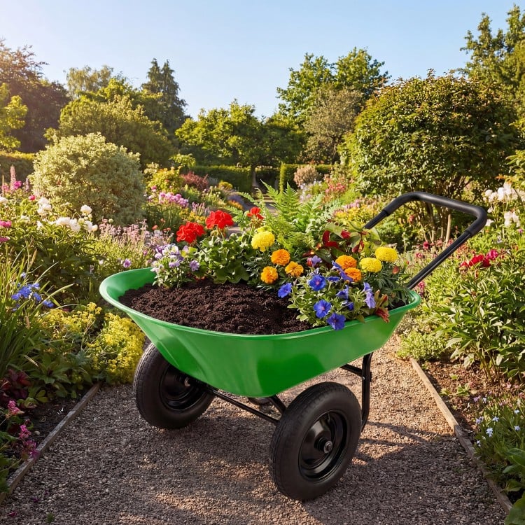 Heavy-duty light green wheelbarrow filled with colorful flowers and soil, ideal for gardening and outdoor use.