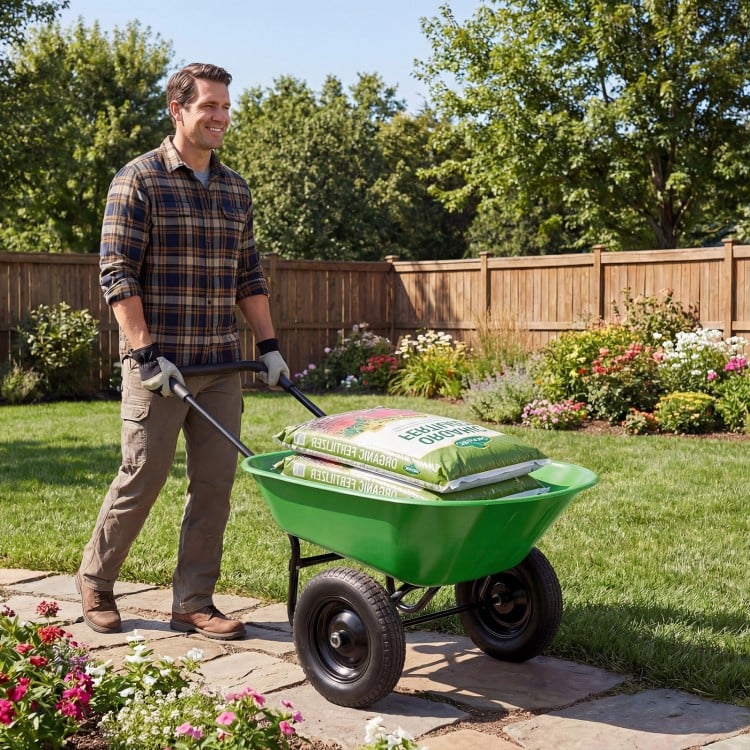 Heavy-duty light green utility cart with 330 lbs capacity, 13-inch tires, and stable steel frame for garden use.