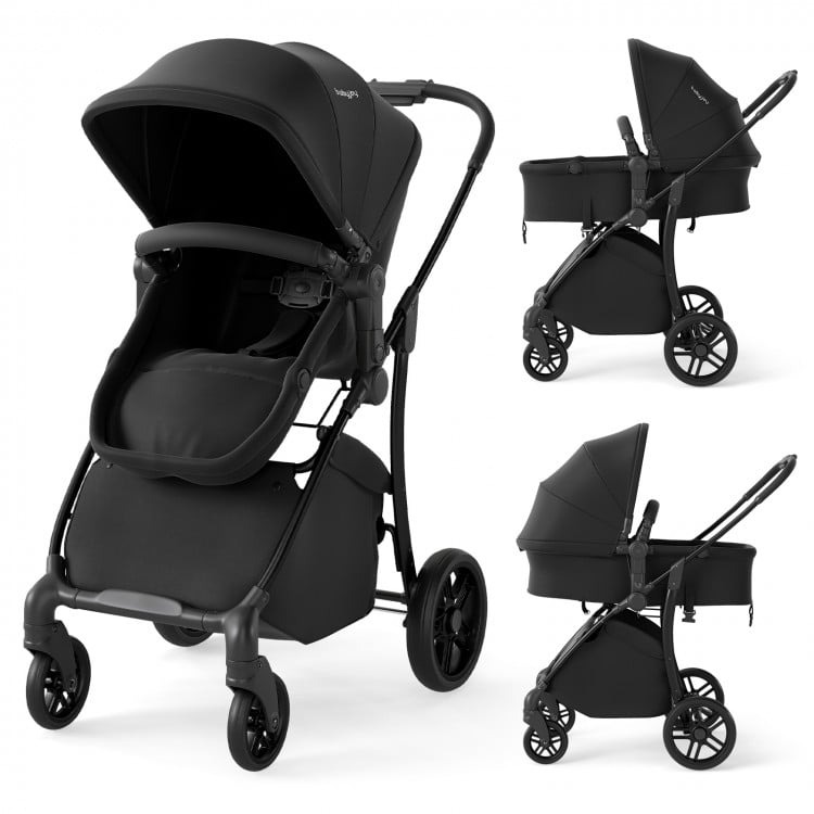 2-in-1 baby stroller in black with bassinet mode, adjustable canopy, and reversible seat for versatile use.