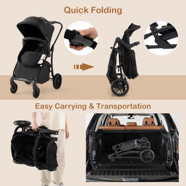 2-in-1 baby stroller in black, showcasing quick folding feature for easy carrying and transportation in a vehicle.