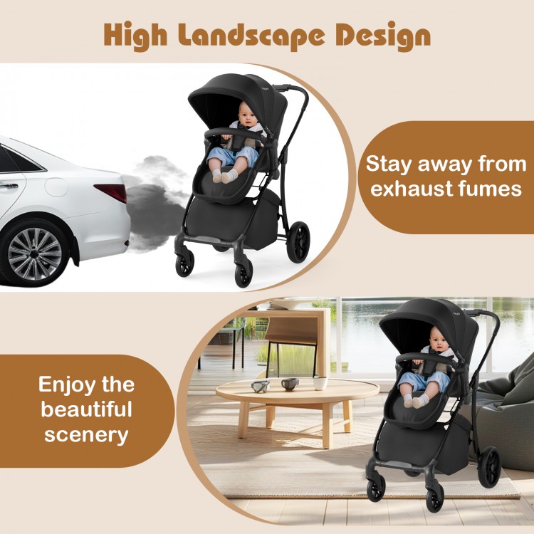 2-in-1 baby stroller in black with high landscape design, keeping infants away from exhaust fumes for fresh air.