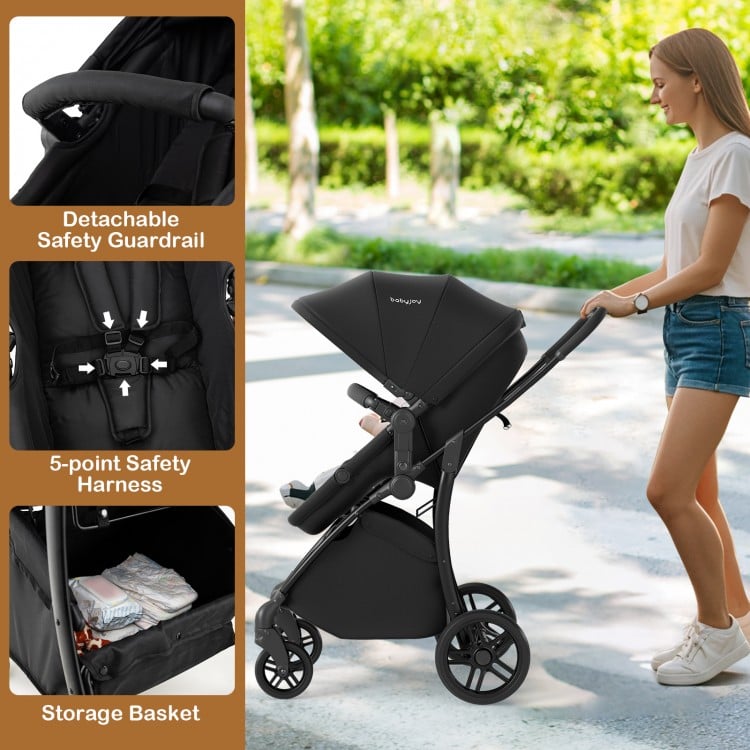 2-in-1 baby stroller in black with adjustable canopy, 5-point safety harness, and large storage basket for convenience.