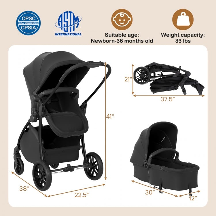 2-in-1 baby stroller in black with bassinet mode, adjustable canopy, and easy folding for convenient transport.