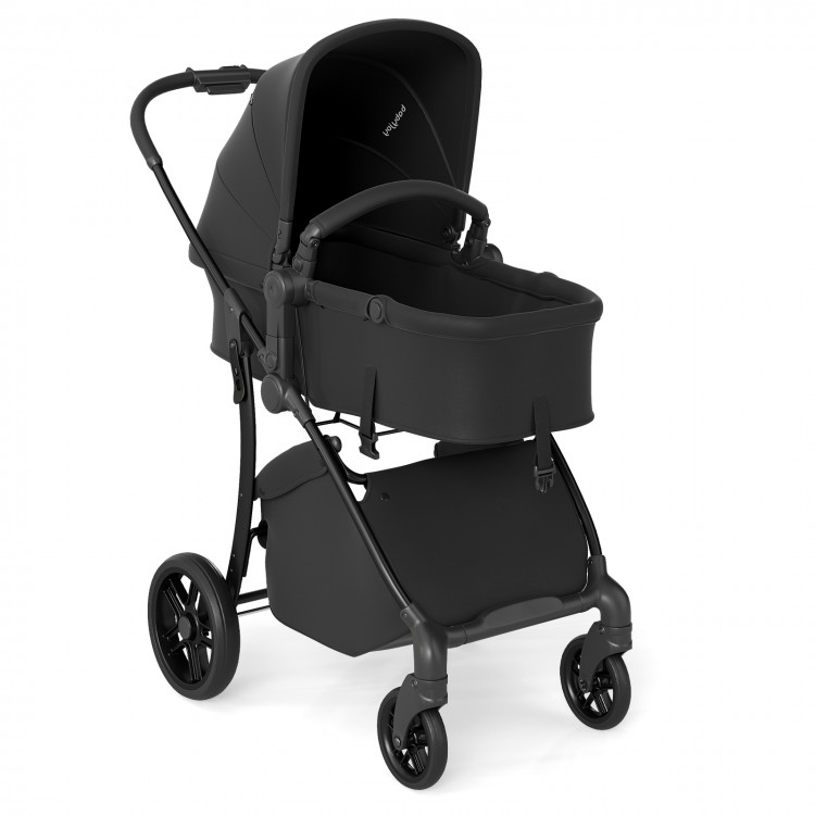2-in-1 baby stroller in black with a spacious storage basket, showing the front view and adjustable components for.