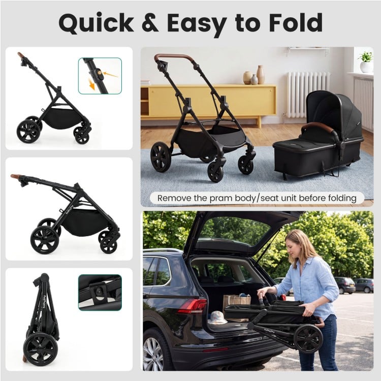 Convertible 2-in-1 baby stroller in black, featuring quick folding, adjustable handlebar, and infant car seat adapters.