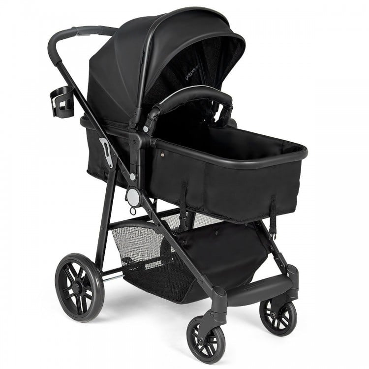 2 in 1 foldable black baby stroller with adjustable backrest, canopy, and large storage basket for infants.