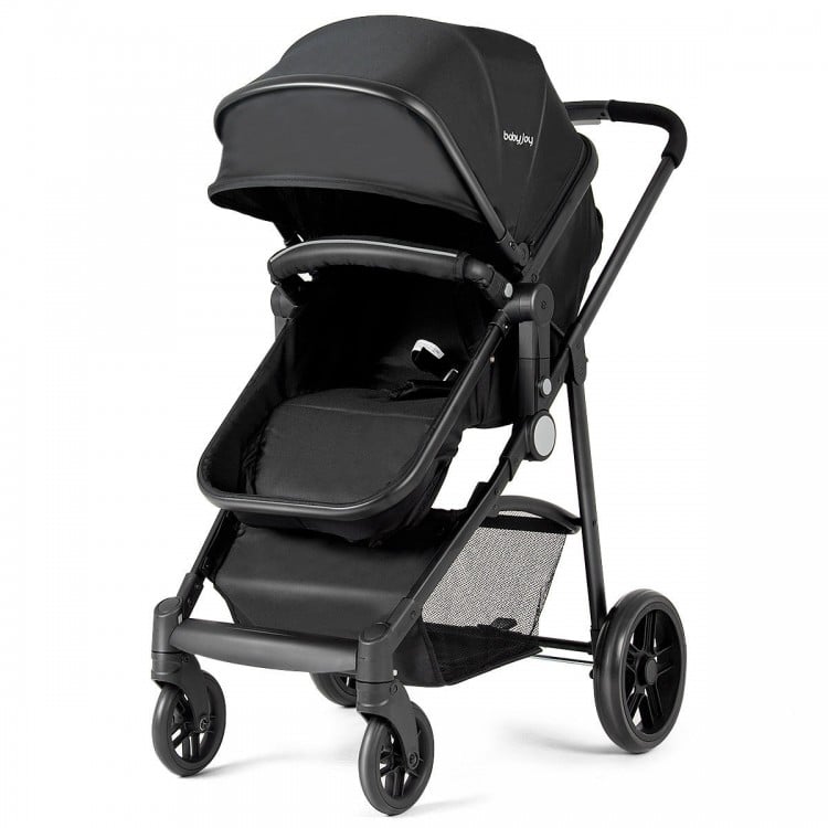 2 in 1 foldable black baby stroller with adjustable canopy, multi-position recline, and large storage basket for.