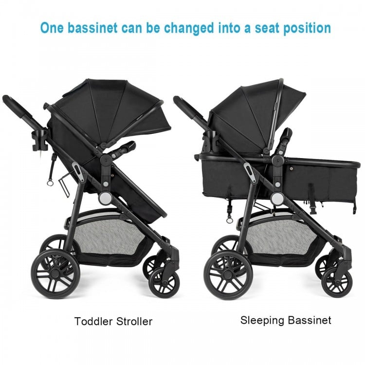 2-in-1 foldable baby stroller in black, showing toddler seat and sleeping bassinet positions for versatile use.