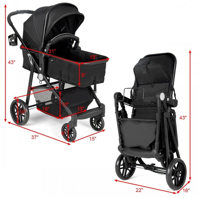 Dimensions of the 2 in 1 foldable black baby stroller, showcasing the compact folded design for easy storage and.
