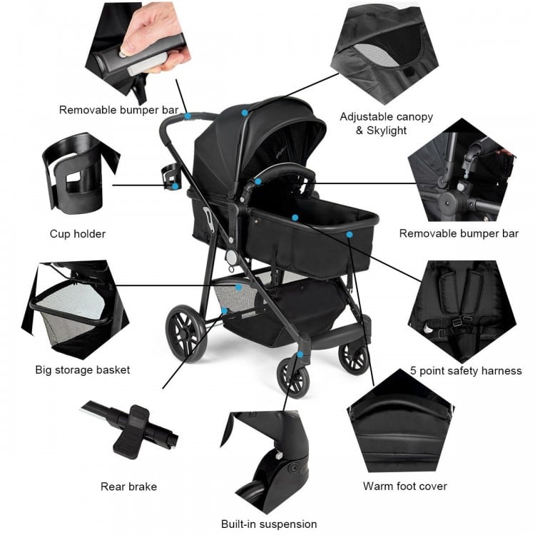 2 in 1 foldable black baby stroller with adjustable canopy, five-point harness, and large storage basket for infants.