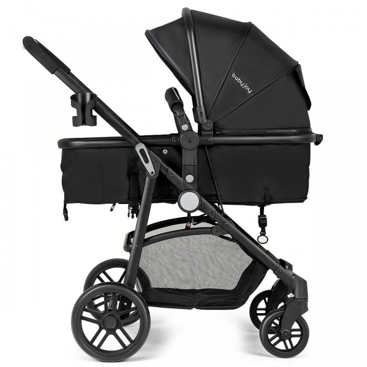 Side view of the 2 in 1 foldable black baby stroller with adjustable canopy and large storage basket for convenience.