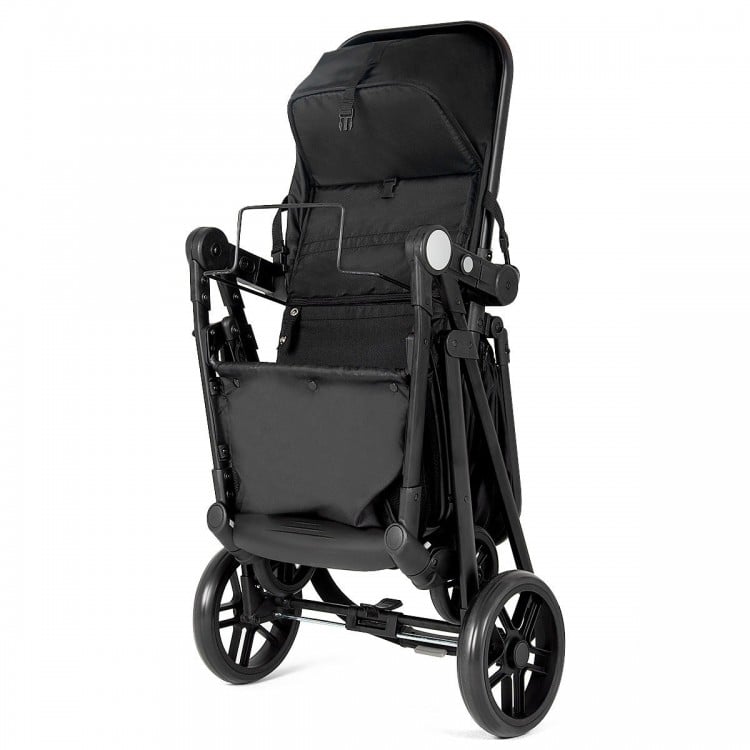 Foldable black 2 in 1 baby stroller with adjustable backrest, large storage basket, and breathable material for infants.