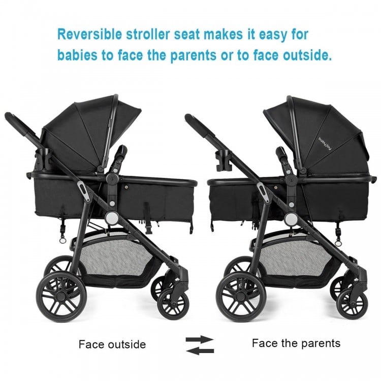 Reversible 2-in-1 baby stroller in black, featuring a foldable design and adjustable canopy for infants up to 36 months.