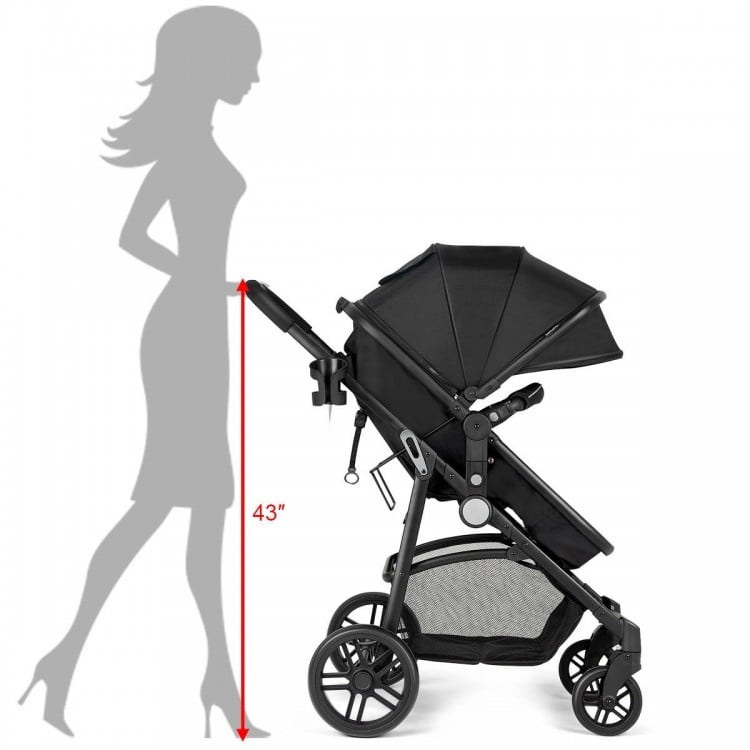 2 in 1 foldable black baby stroller with adjustable canopy and multi-position recline, perfect for infants up to 36.
