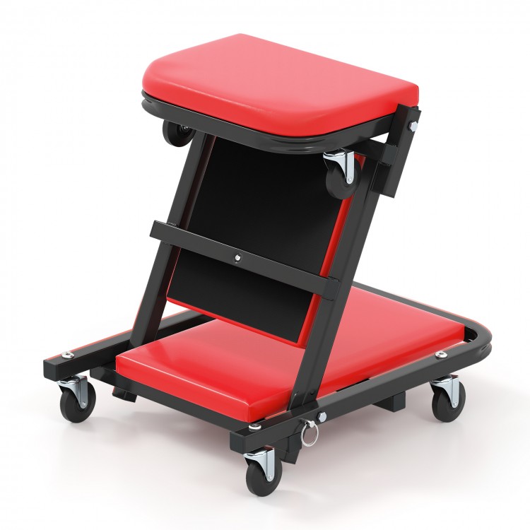Red 2-in-1 folding mechanic creeper with padded seat, heavy-duty frame, and 6 wheels for garage and workshop use.