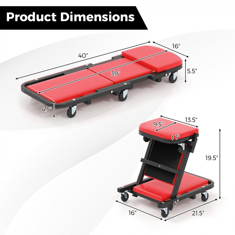 Dimensions of the 2-in-1 folding mechanic creeper with padded seat, featuring a heavy-duty metal frame and 6 wheels.