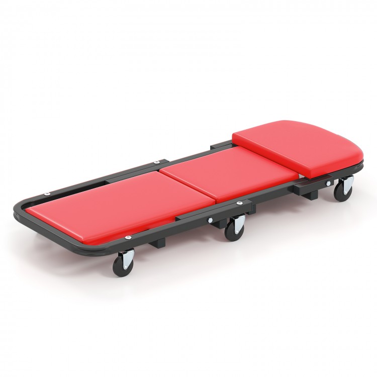 Red 2-in-1 folding mechanic creeper with padded seat, heavy-duty frame, and 6 wheels for easy mobility in workshops.