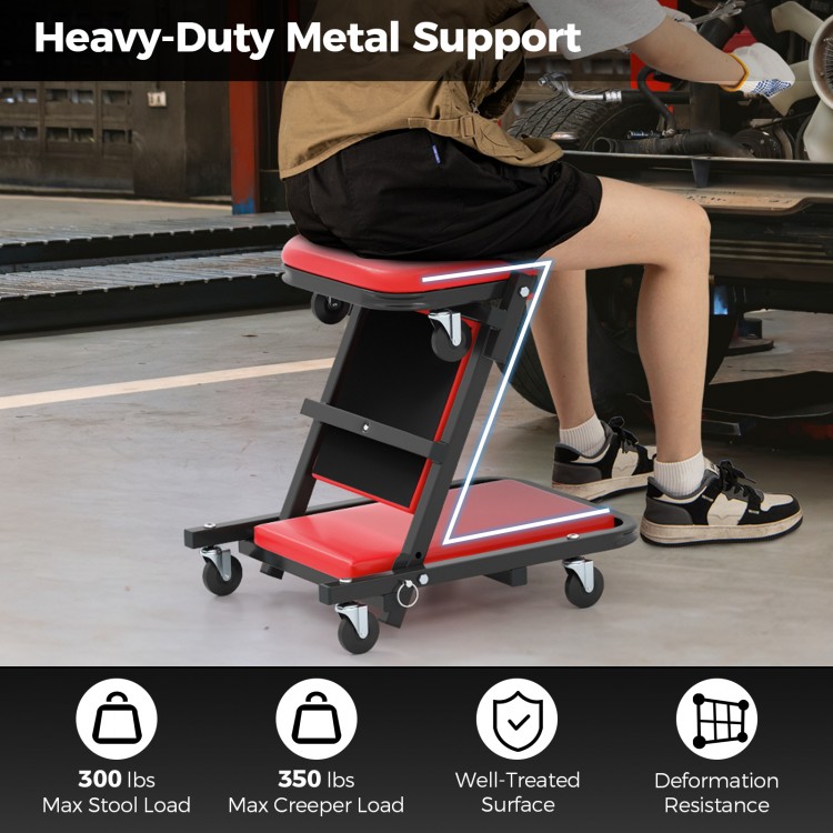 2-in-1 folding mechanic creeper with padded seat, red color, heavy-duty metal frame, ideal for garage and workshop use.