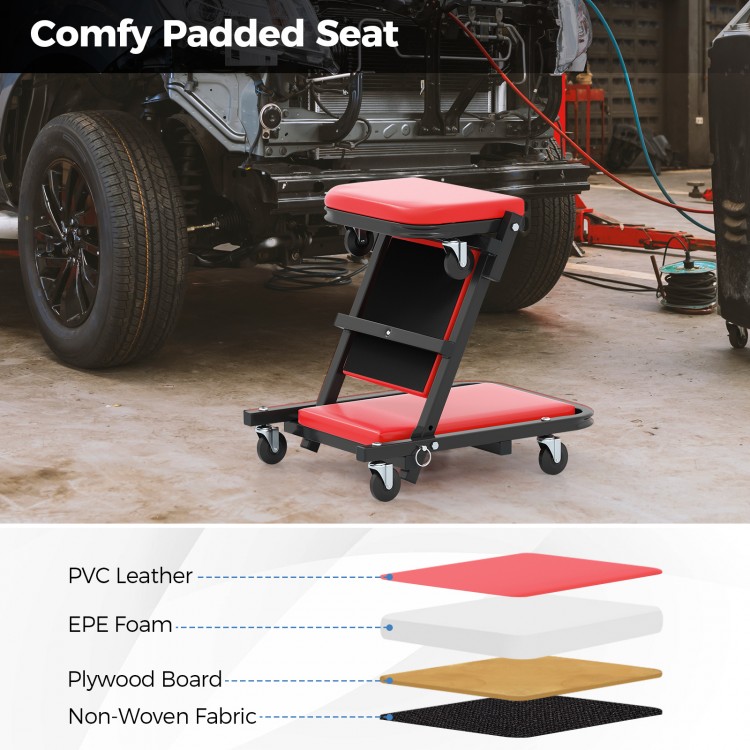 2-in-1 folding mechanic creeper with padded seat, PVC leather, and 6 wheels for garage and workshop use.